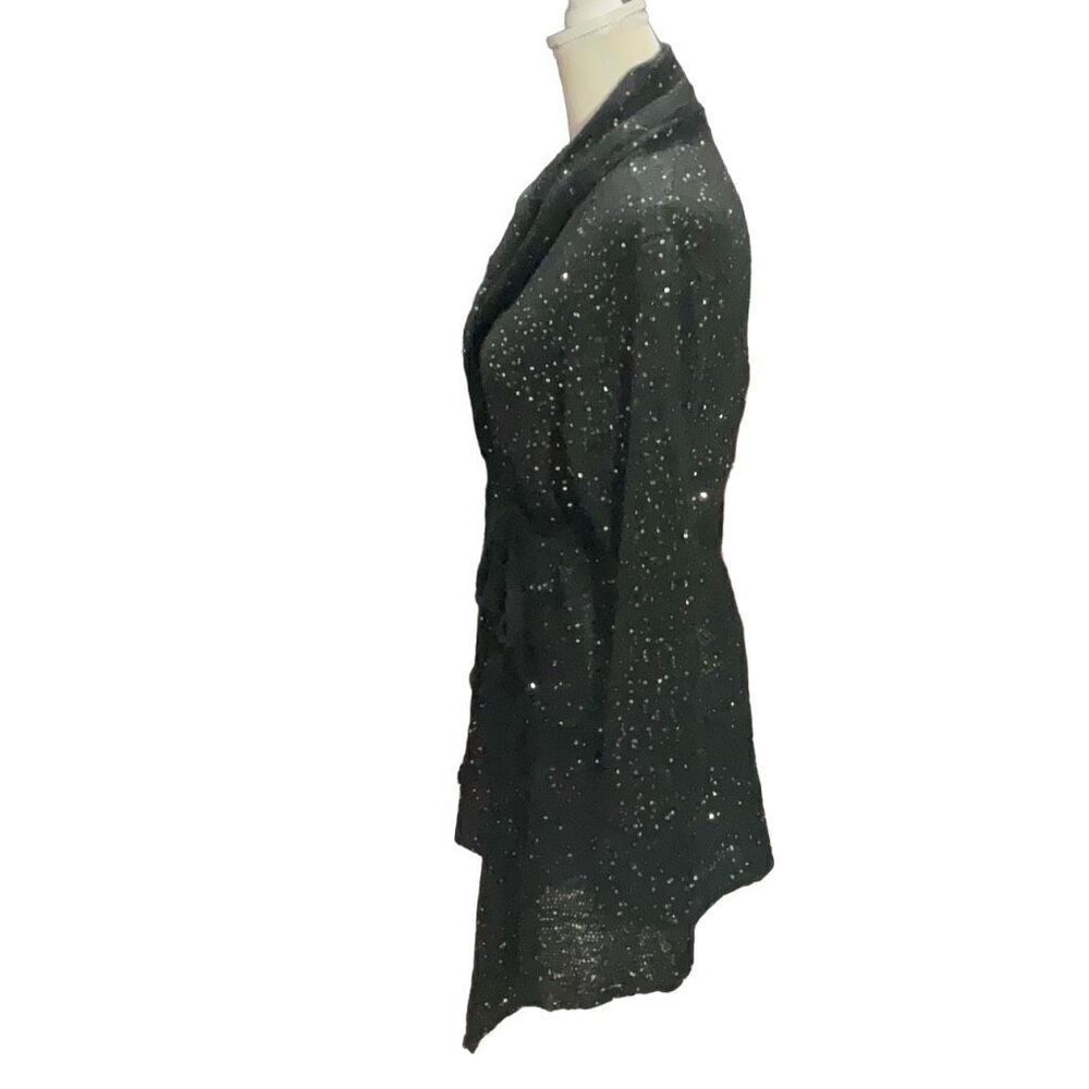 Shape FX Black Small Sequin Open Front Cardigan Sweater Loose Knit Waist tie OS - Picture 3 of 4
